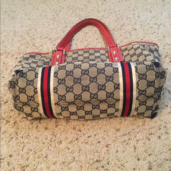 GUCCI VINTAGE MONOGRAM NAVY SATCHEL TOTE BAG PURSE - Picture 2 of 8